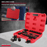 SEDY 25-piece 1/2-inch drive impact socket set with SAE and metric sizes, deep sockets, ratchet, adapters, and extension bar in red heavy-duty storage case