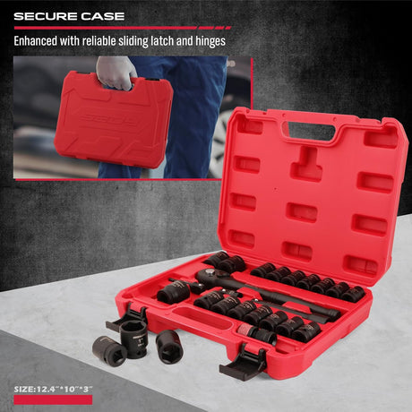 SEDY 25-piece 1/2-inch drive impact socket set with SAE and metric sizes, deep sockets, ratchet, adapters, and extension bar in red heavy-duty storage case