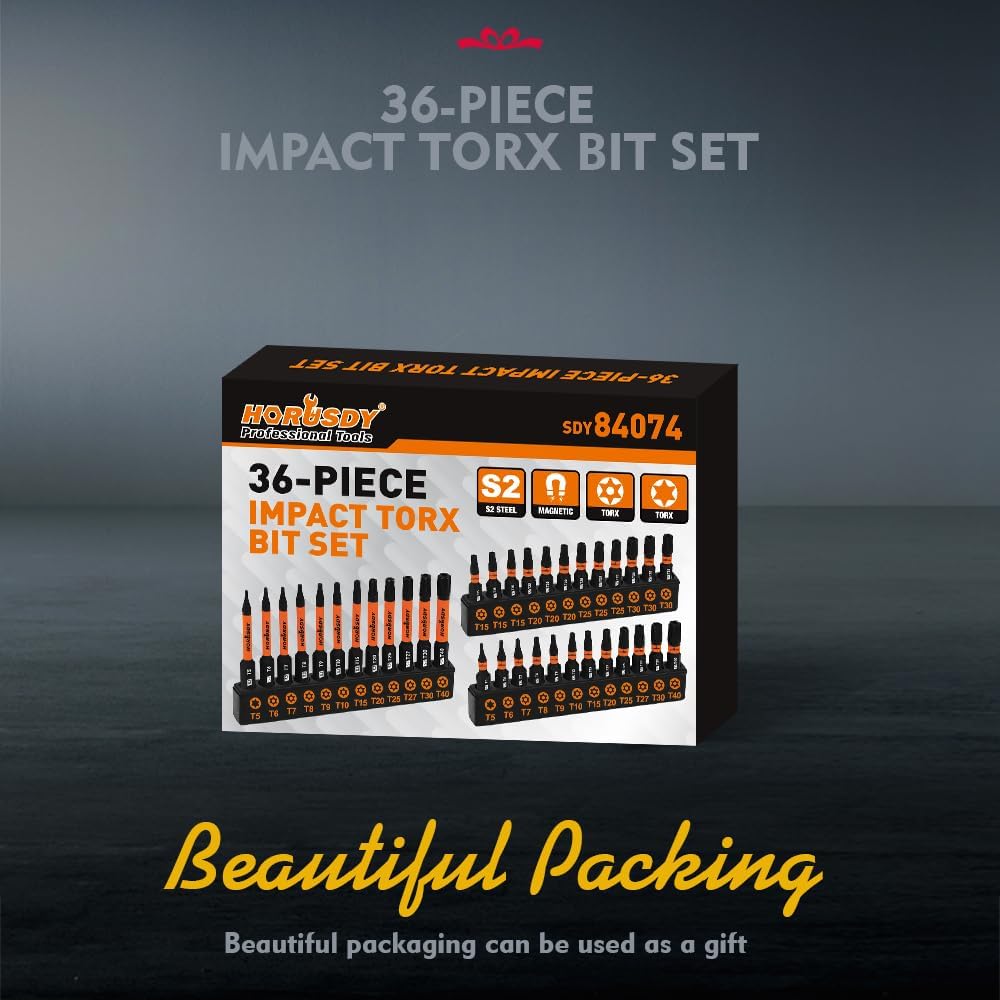 HORUSDY 36-piece magnetic Torx bit set with S2 steel construction, star security bits and durable labeled holder