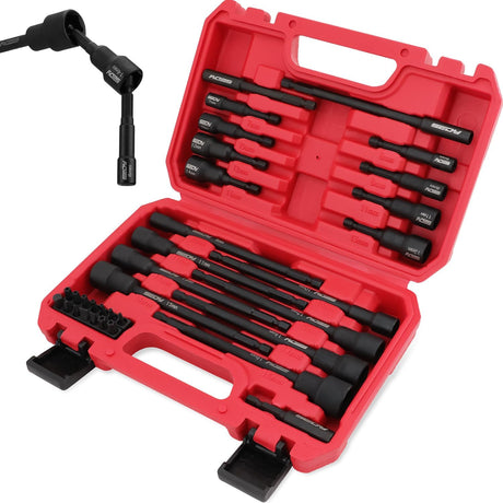 SEDY 33PCS Magnetic Nut Driver Set, including SAE & Metric sizes, high-quality chrome vanadium steel, impact-rated, with magnetic tips, and a durable red storage case.