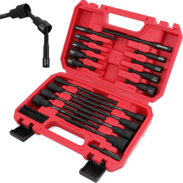 SEDY 33PCS Magnetic Nut Driver Set, including SAE & Metric sizes, high-quality chrome vanadium steel, impact-rated, with magnetic tips, and a durable red storage case.