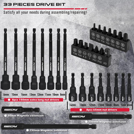SEDY 33PCS Magnetic Nut Driver Set, including SAE & Metric sizes, high-quality chrome vanadium steel, impact-rated, with magnetic tips, and a durable red storage case.