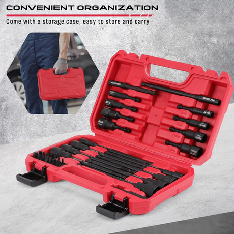 SEDY 33PCS Magnetic Nut Driver Set, including SAE & Metric sizes, high-quality chrome vanadium steel, impact-rated, with magnetic tips, and a durable red storage case.