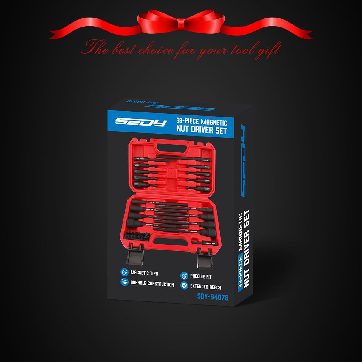 SEDY 33PCS Magnetic Nut Driver Set, including SAE & Metric sizes, high-quality chrome vanadium steel, impact-rated, with magnetic tips, and a durable red storage case.