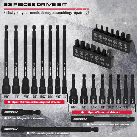 SEDY 33PCS SAE Magnetic Nut Driver Set with extra long & short nut drivers, magnetic tips, black phosphate CR-V steel, impact-rated, in red storage case