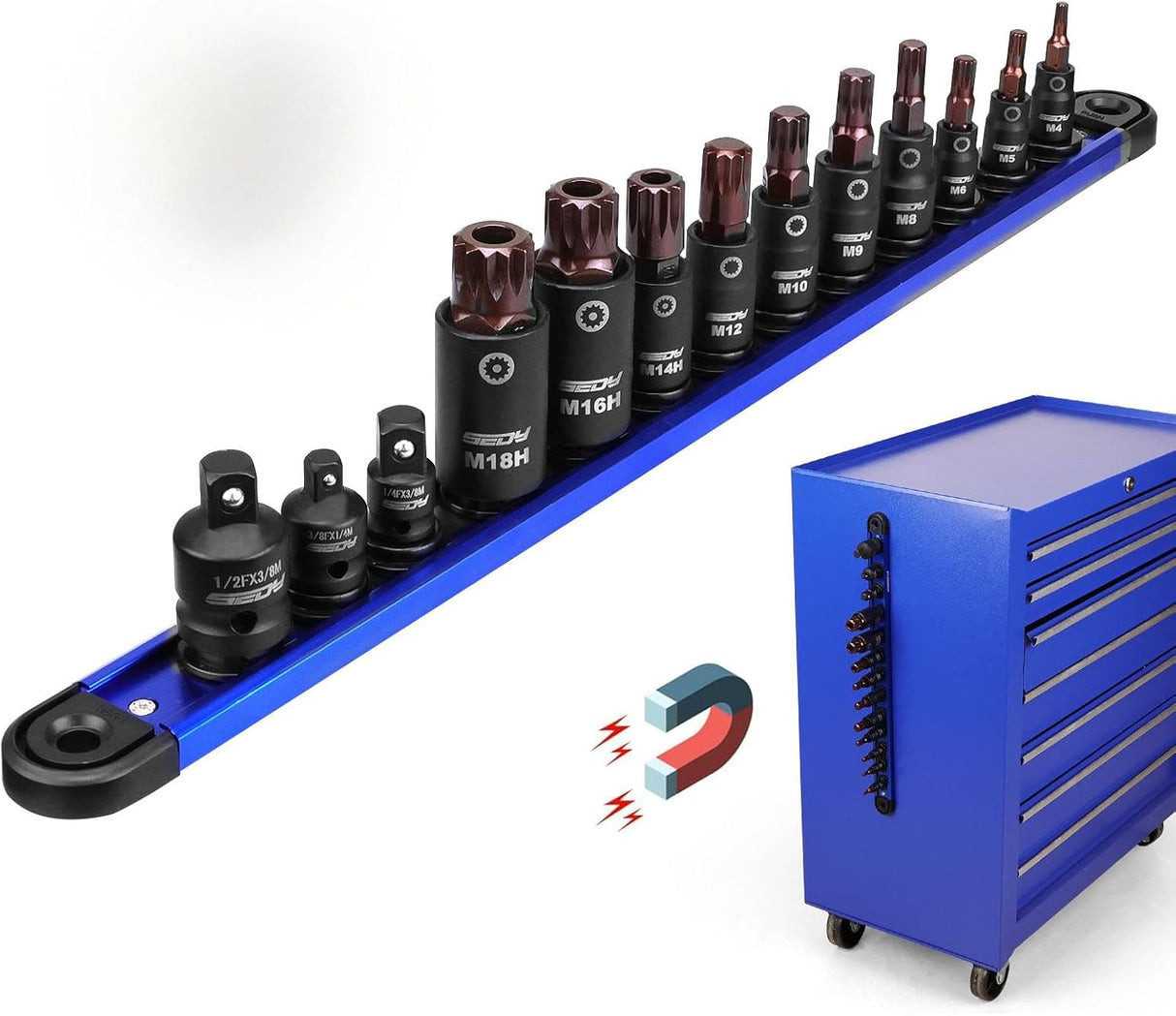 Triple square spline socket bit set with magnetic rail and 3 drive adapters, includes 13 Cr-V & S2 steel bits in 1/4", 3/8", 1/2" drive sizes for automotive use.
