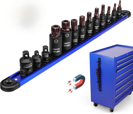 Triple square spline socket bit set with magnetic rail and 3 drive adapters, includes 13 Cr-V & S2 steel bits in 1/4", 3/8", 1/2" drive sizes for automotive use.
