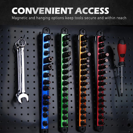 Triple square spline socket bit set with magnetic rail and 3 drive adapters, includes 13 Cr-V & S2 steel bits in 1/4", 3/8", 1/2" drive sizes for automotive use.