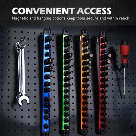 Tamper-proof external Torx bit socket set with 16 S2 and Cr-V pieces in 1/4", 3/8", and 1/2" drives, organized on a magnetic aluminum rail for secure tool storage.