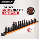 SEDY 16-Piece Metric Hex Bit Socket Set with Magnetic Rail for Easy Storage and Access