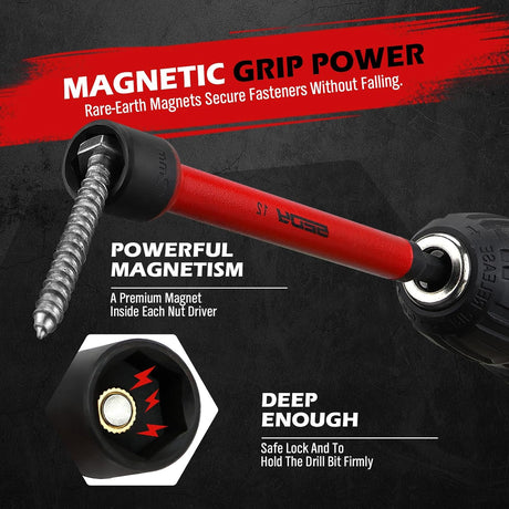 6-piece metric magnetic nut driver set with 1/4 inch hex shank, color-coded handles, and deep magnetic heads for drills