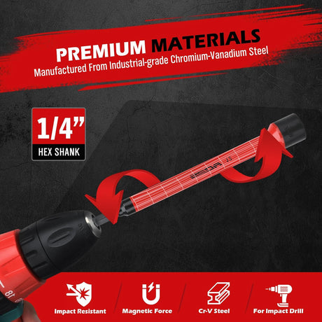 6-piece metric magnetic nut driver set with 1/4 inch hex shank, color-coded handles, and deep magnetic heads for drills
