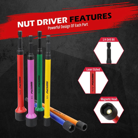 6-piece color-coded SAE magnetic nut driver set with 1/4 inch hex shank and extended shaft for impact drills