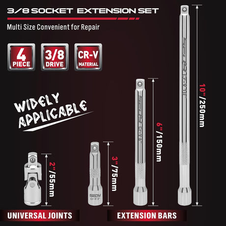 SEDY 3/8" drive extension bar set with universal joint, anti-slip grip, flexible reach, chrome vanadium steel for automotive and DIY socket wrench tasks