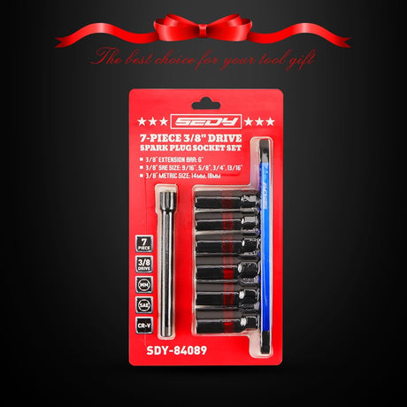 8-piece spark plug socket set with 3/8" drive, SAE & metric sizes, rubber retaining ring, 6” extension bar, and magnetic guide rail for tool storage and automotive maintenance.