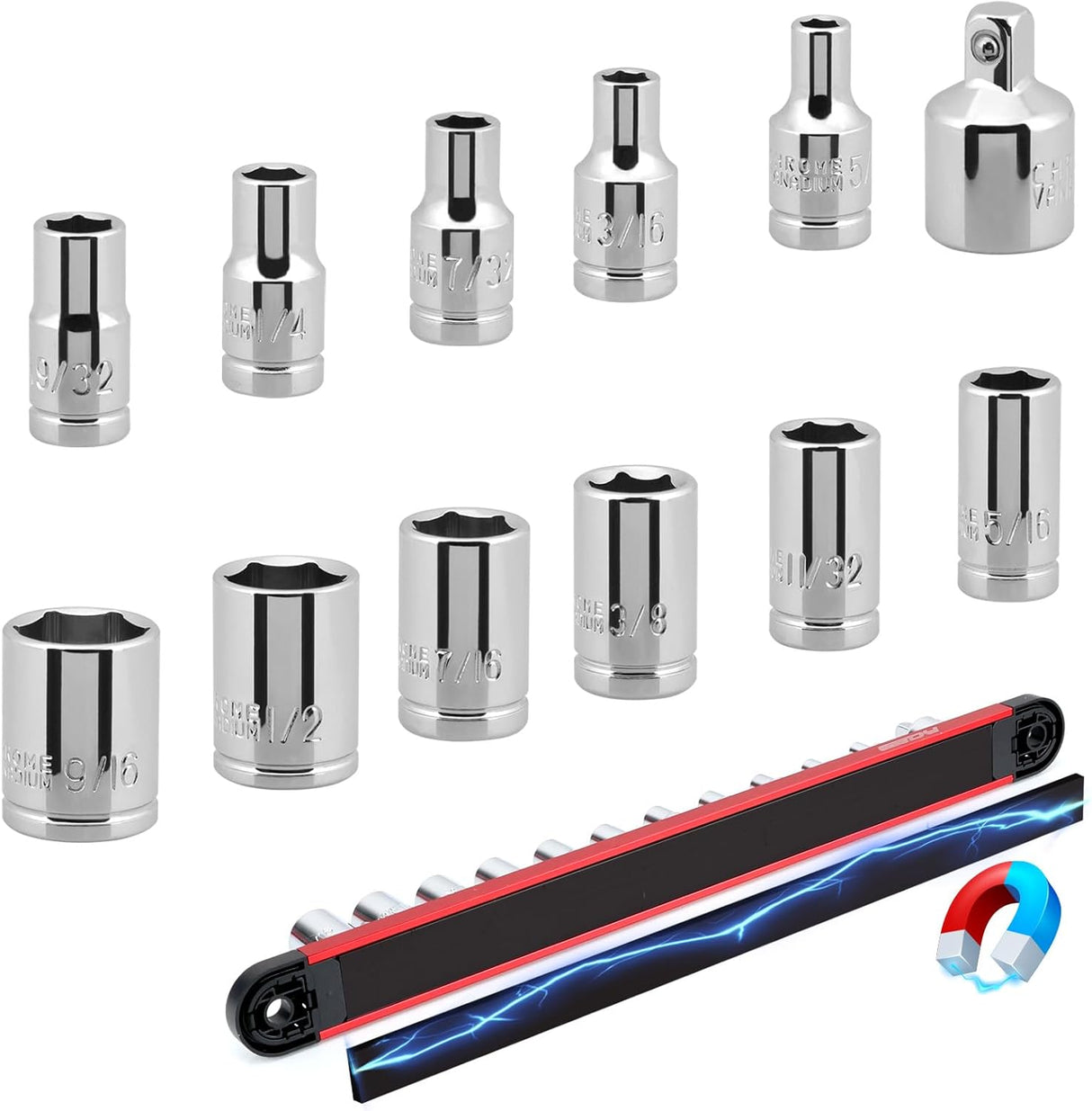 12-piece SAE socket set with magnetic guide rail, universal joint, and extension bars, made of chrome vanadium steel for mechanics and automotive repairs.