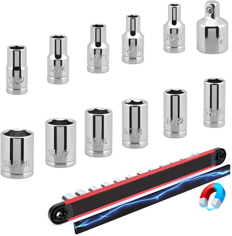 12-piece SAE socket set with magnetic guide rail, universal joint, and extension bars, made of chrome vanadium steel for mechanics and automotive repairs.