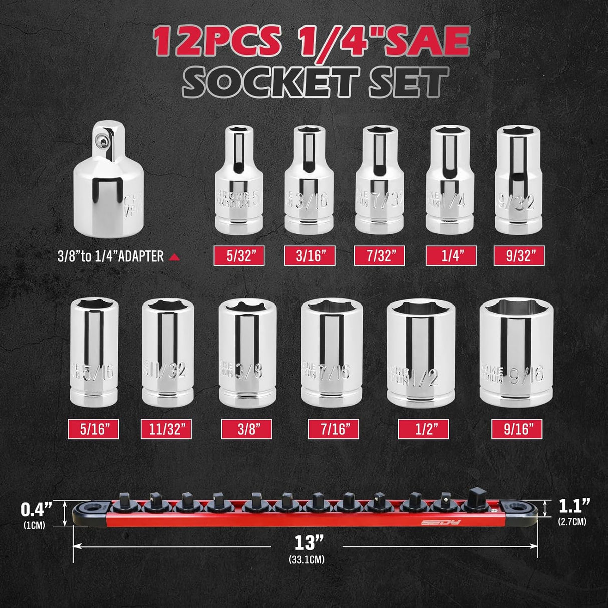 12-piece SAE socket set with magnetic guide rail, universal joint, and extension bars, made of chrome vanadium steel for mechanics and automotive repairs.
