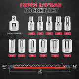 12-piece SAE socket set with magnetic guide rail, universal joint, and extension bars, made of chrome vanadium steel for mechanics and automotive repairs.
