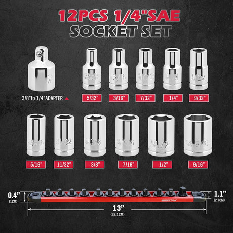 12-piece SAE socket set with magnetic guide rail, universal joint, and extension bars, made of chrome vanadium steel for mechanics and automotive repairs.