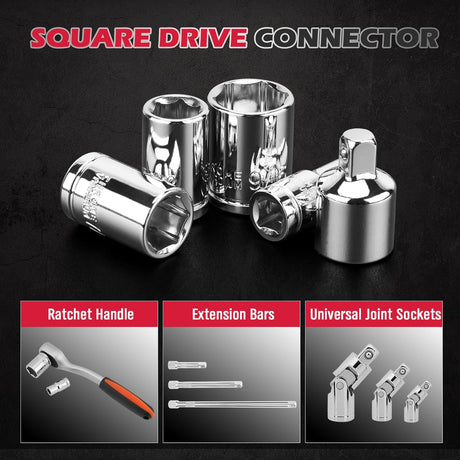 12-piece SAE socket set with magnetic guide rail, universal joint, and extension bars, made of chrome vanadium steel for mechanics and automotive repairs.