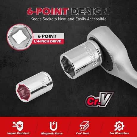 12-piece SAE socket set with magnetic guide rail, universal joint, and extension bars, made of chrome vanadium steel for mechanics and automotive repairs.
