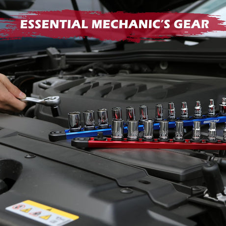 12-piece SAE socket set with magnetic guide rail, universal joint, and extension bars, made of chrome vanadium steel for mechanics and automotive repairs.