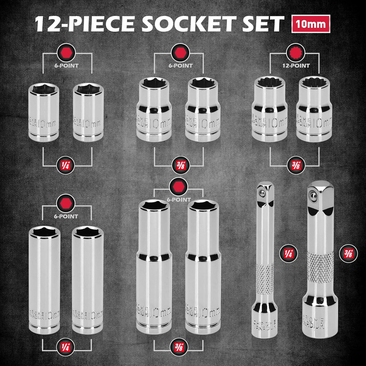 12-Piece  1/4" & 3/8" Drive 10mm Socket Set with Extension Bars, Magnetic Storage Rail, and Cr-V Material, Featuring 6 & 12 Point Designs