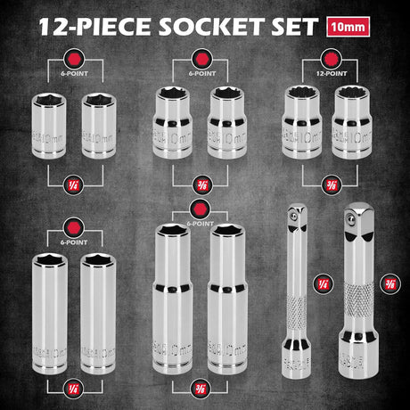 12-Piece  1/4" & 3/8" Drive 10mm Socket Set with Extension Bars, Magnetic Storage Rail, and Cr-V Material, Featuring 6 & 12 Point Designs
