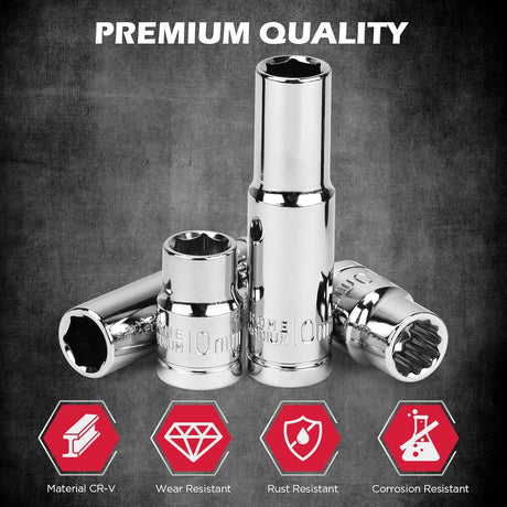 12-Piece  1/4" & 3/8" Drive 10mm Socket Set with Extension Bars, Magnetic Storage Rail, and Cr-V Material, Featuring 6 & 12 Point Designs