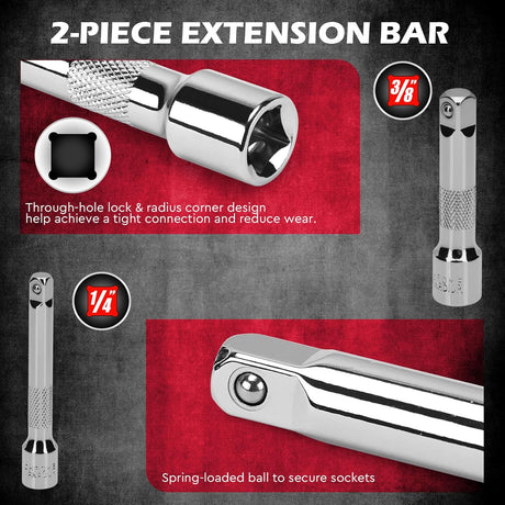 12-Piece  1/4" & 3/8" Drive 10mm Socket Set with Extension Bars, Magnetic Storage Rail, and Cr-V Material, Featuring 6 & 12 Point Designs