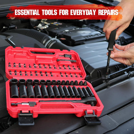 SEDY 64-piece 1/4 inch drive socket and bit wrench set with metric sockets, magnetic bit holder, ratchet handle and durable carry case
