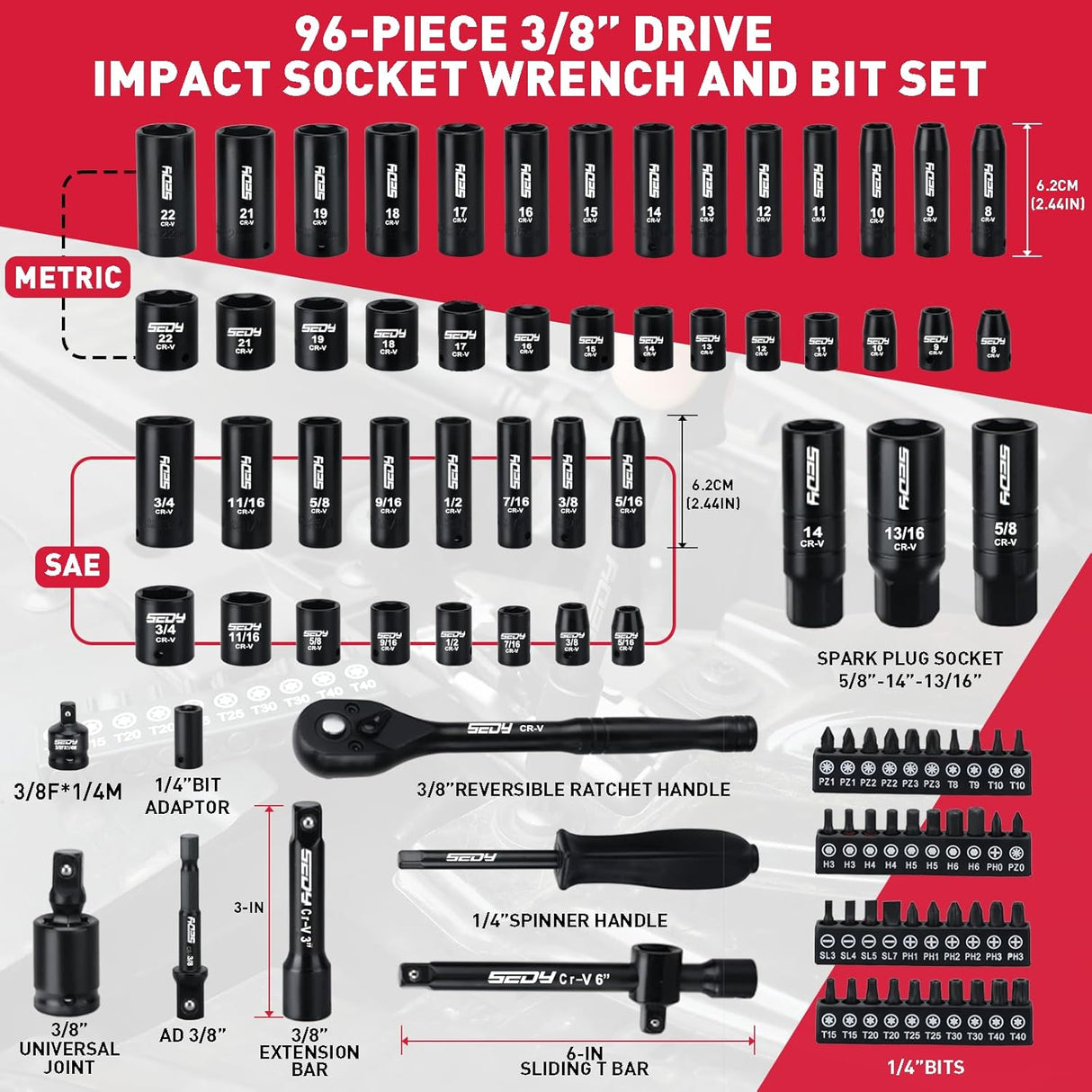 SEDY 96-piece 3/8 inch drive socket wrench and bit set with SAE and metric sockets, high-torque impact design, and organized storage box