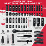 SEDY 96-piece 3/8 inch drive socket wrench and bit set with SAE and metric sockets, high-torque impact design, and organized storage box