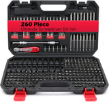 260-piece ultimate precision screwdriver bit set with magnetic security bits, nut driver, ratchet wrench, and bits holder for professional and DIY use.