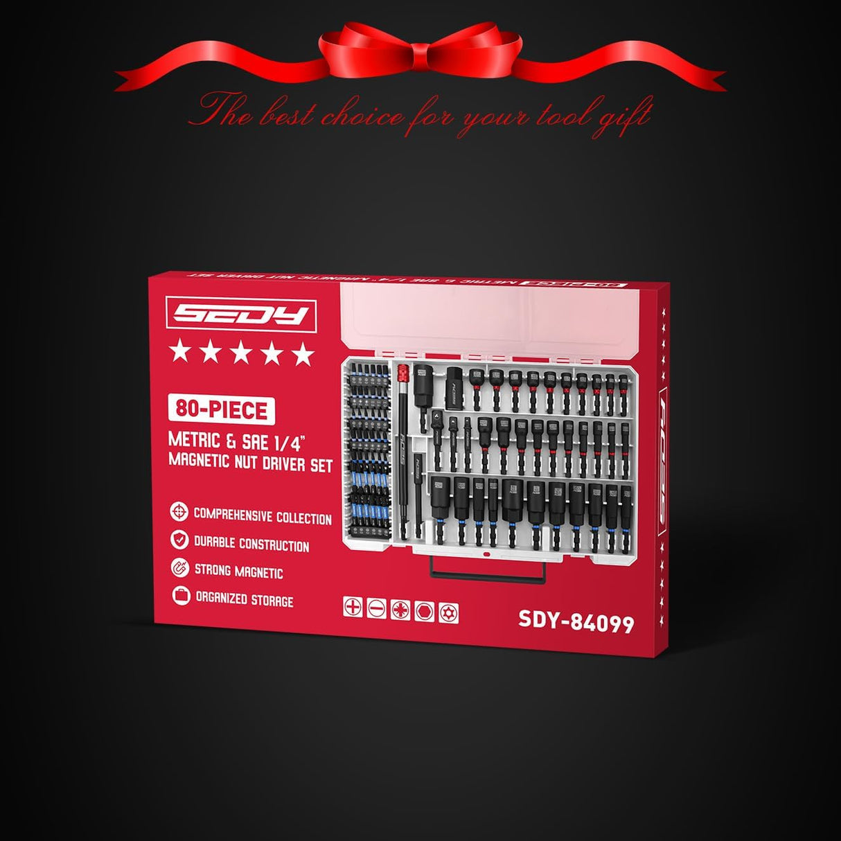 80-piece SEDY magnetic nut driver and drill bit set with universal socket, CR-V steel construction, and organized storage case for automotive and DIY use