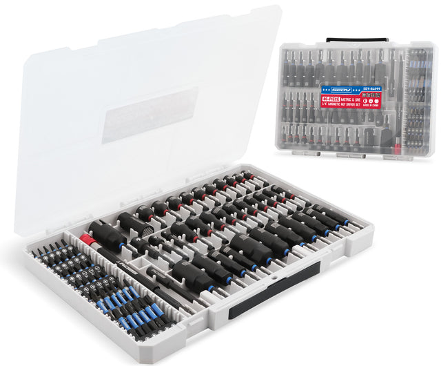 80-piece SEDY magnetic nut driver and drill bit set with universal socket, CR-V steel construction, and organized storage case for automotive and DIY use