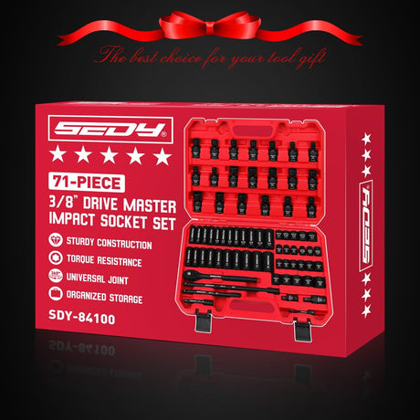 SEDY 71-piece 3/8 inch drive master impact socket set with SAE and Metric sockets, ratchet and storage case