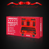 SEDY 63-piece 1/4 inch drive socket and nut driver set with CR-V impact sockets, magnetic bit drivers, ratchet wrench, and organized red storage case for mechanics and DIY