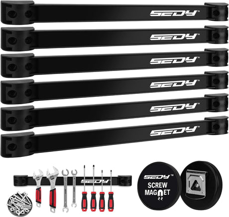 SEDY 7-piece 12-inch magnetic tool holder strip set for garage, kitchen, and workshop wall organization with strong magnets and mounting screws