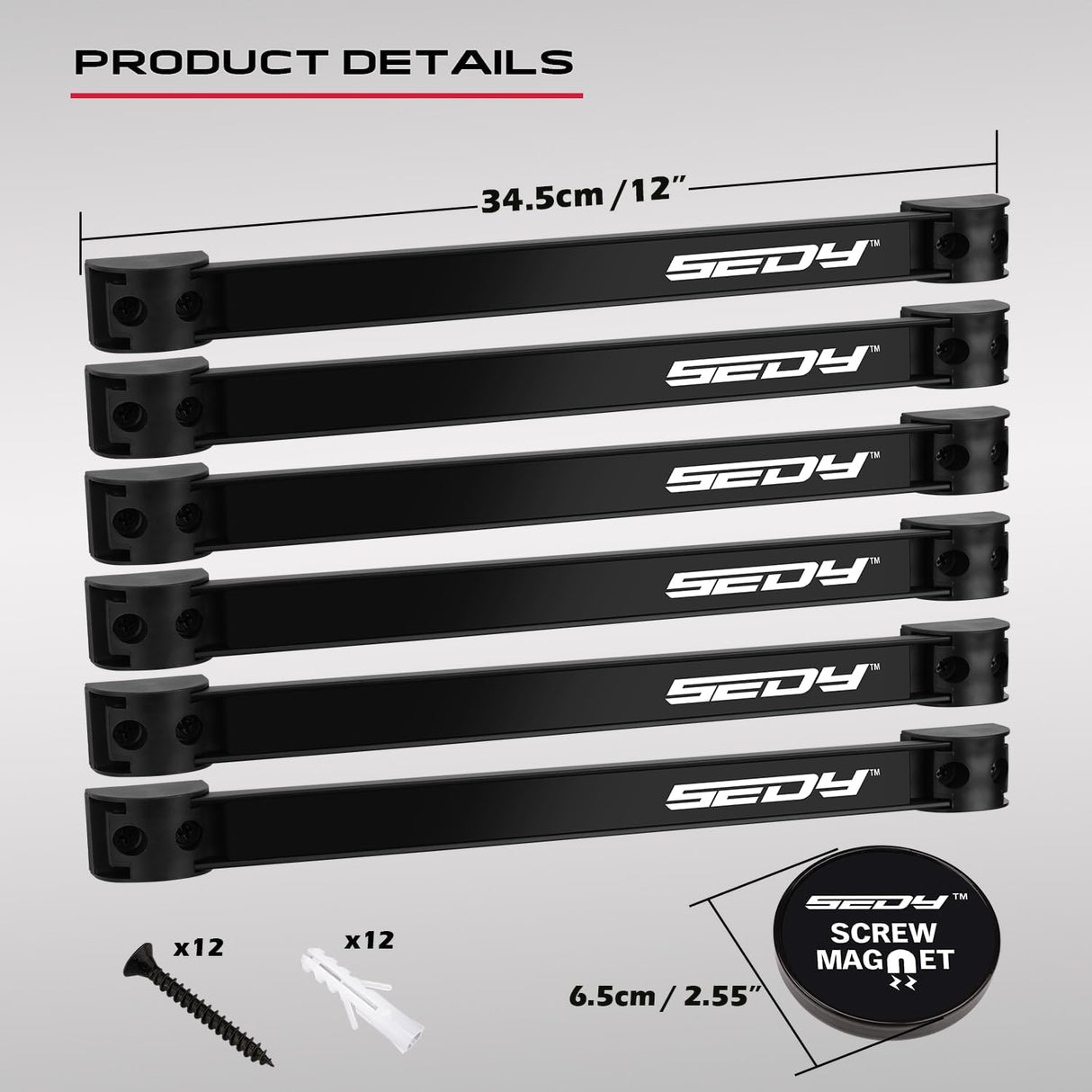 SEDY 7-piece 12-inch magnetic tool holder strip set for garage, kitchen, and workshop wall organization with strong magnets and mounting screws
