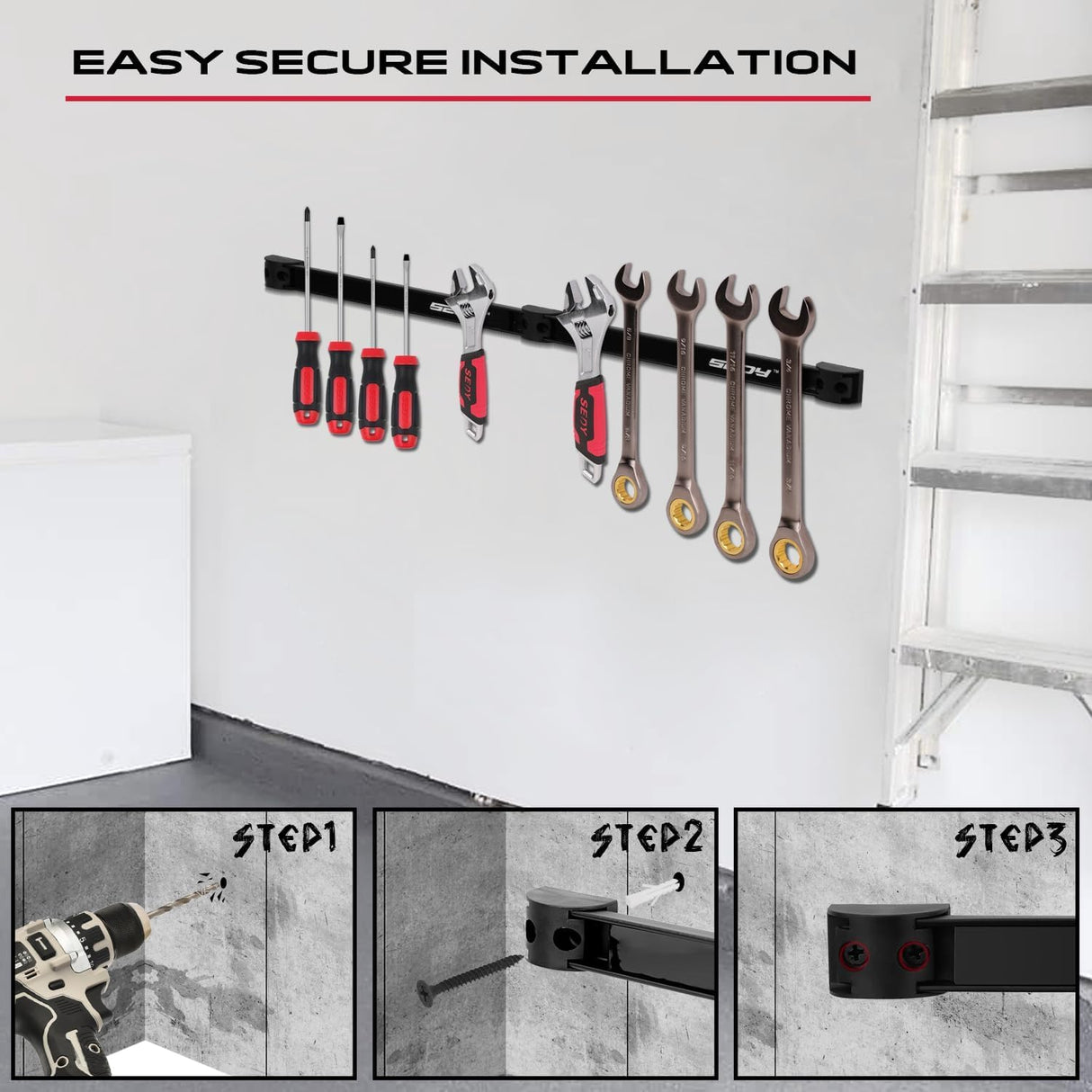 SEDY 7-piece 12-inch magnetic tool holder strip set for garage, kitchen, and workshop wall organization with strong magnets and mounting screws