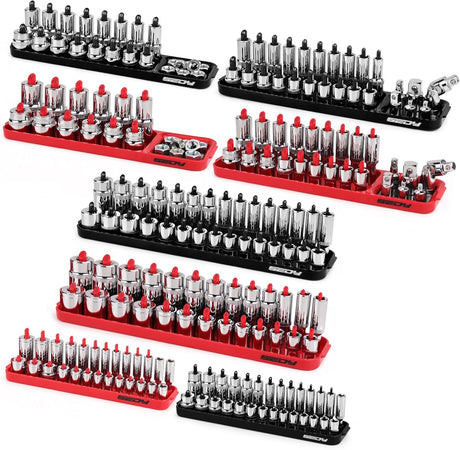 SEDY magnetic socket organizer set with SAE and metric holders for 1/4", 3/8", and 1/2" drive sockets, durable tool tray for garage, workshop, and toolbox organization