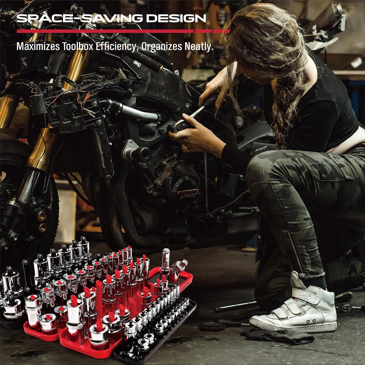 SEDY magnetic socket organizer set with SAE and metric holders for 1/4", 3/8", and 1/2" drive sockets, durable tool tray for garage, workshop, and toolbox organization