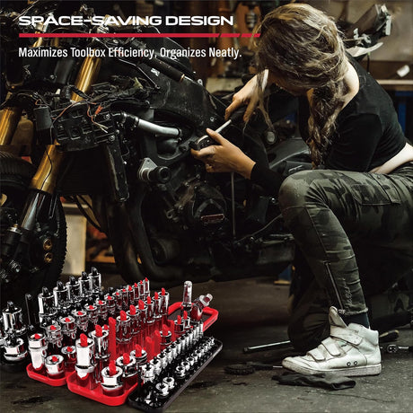 SEDY magnetic socket organizer set with SAE and metric holders for 1/4", 3/8", and 1/2" drive sockets, durable tool tray for garage, workshop, and toolbox organization