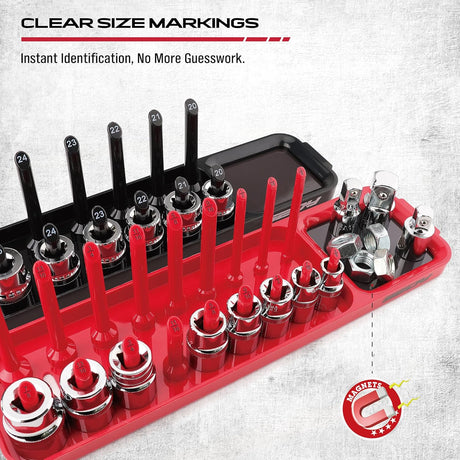 SEDY magnetic socket organizer set with SAE and metric holders for 1/4", 3/8", and 1/2" drive sockets, durable tool tray for garage, workshop, and toolbox organization