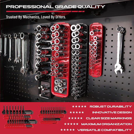 SEDY magnetic socket organizer set with SAE and metric holders for 1/4", 3/8", and 1/2" drive sockets, durable tool tray for garage, workshop, and toolbox organization