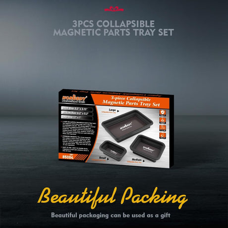 Black collapsible magnetic silicone tool tray set with strong magnets and three stackable sizes for organizing parts