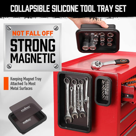 Black collapsible magnetic silicone tool tray set with strong magnets and three stackable sizes for organizing parts