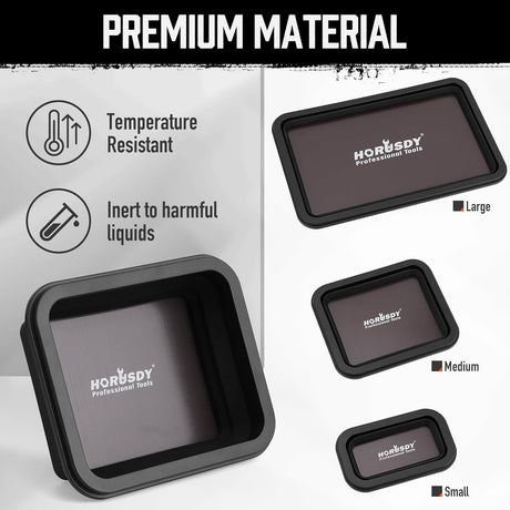 Black collapsible magnetic silicone tool tray set with strong magnets and three stackable sizes for organizing parts